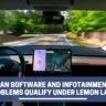 Tesla interior from the driver's perspective with a large tablet navigation screen; road with green trees ahead.