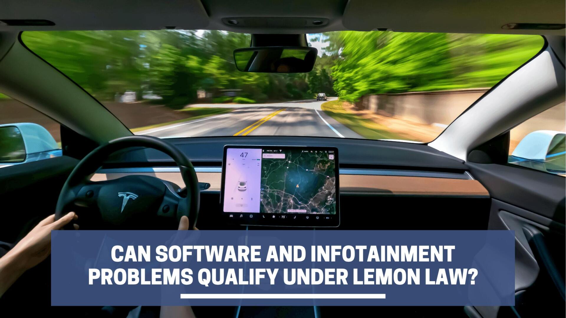 Tesla interior from the driver's perspective with a large tablet navigation screen; road with green trees ahead.