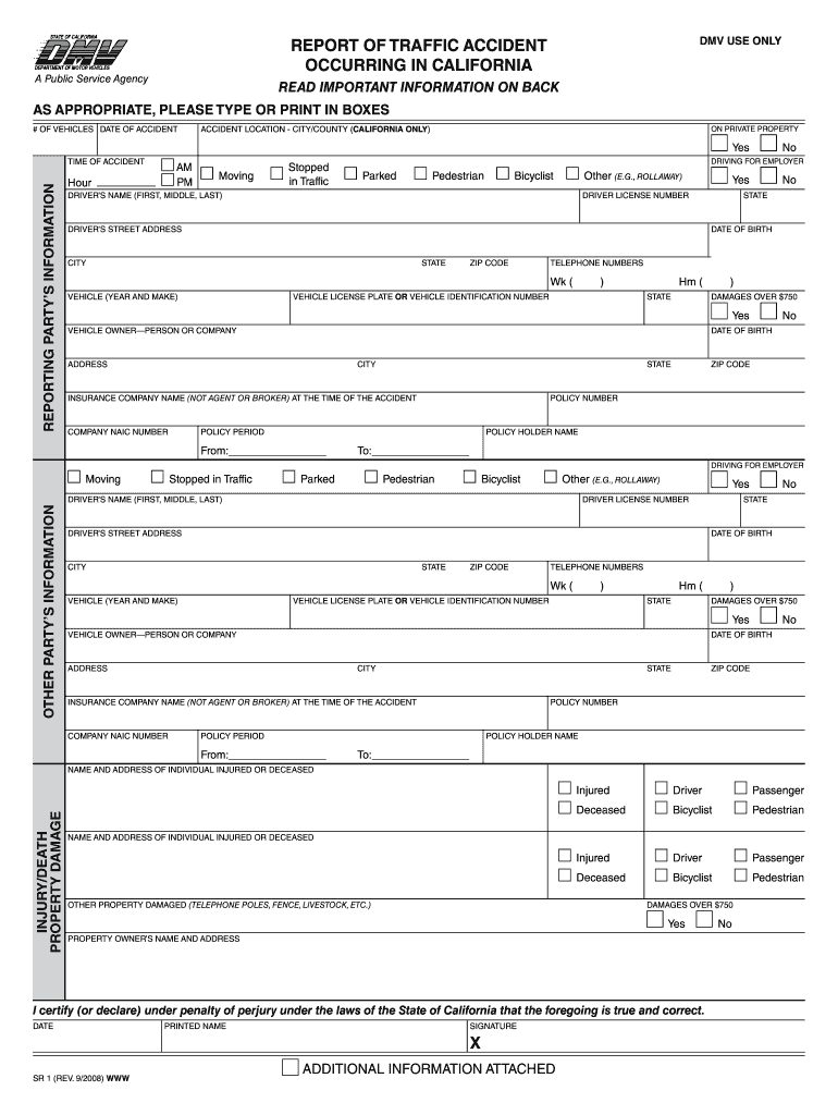 DMV SR1 Form - Repoting A Car Accident in California.