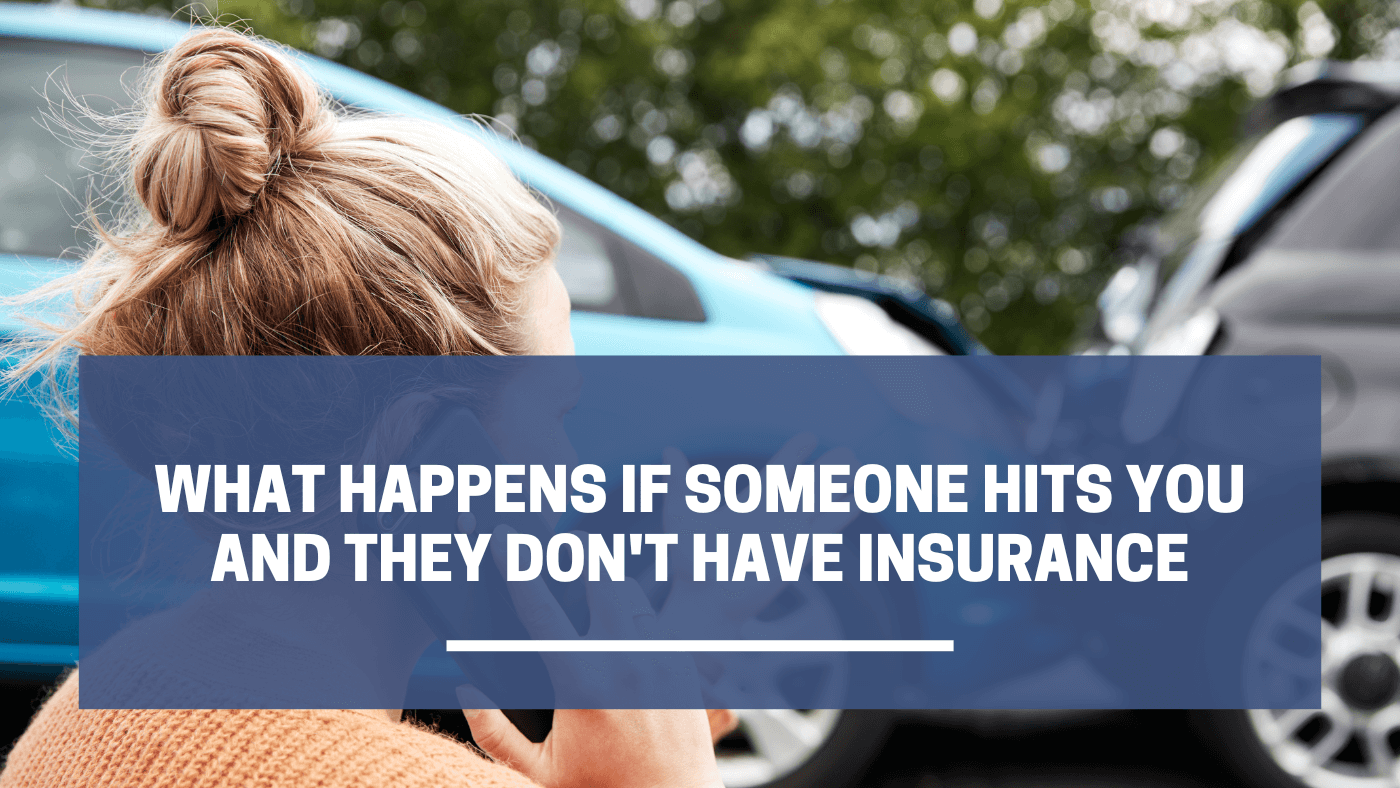 Female motorist involved an a car accident calling insurance company with "What Happens If Someone Hits You and They Don't Have Insurance.