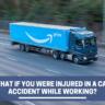 Blue Amazon Prime delivery truck on a highway in motion with a banner asking about injuries in a work car accident.